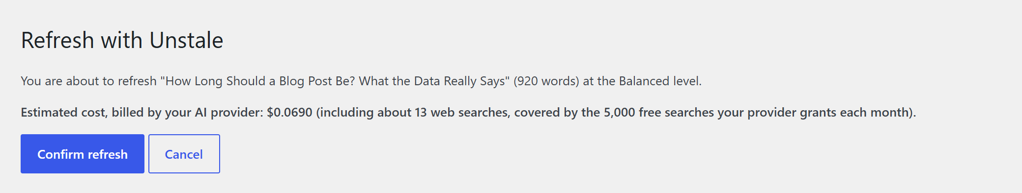 Cost estimate shown in Unstale before a refresh runs on a WordPress post