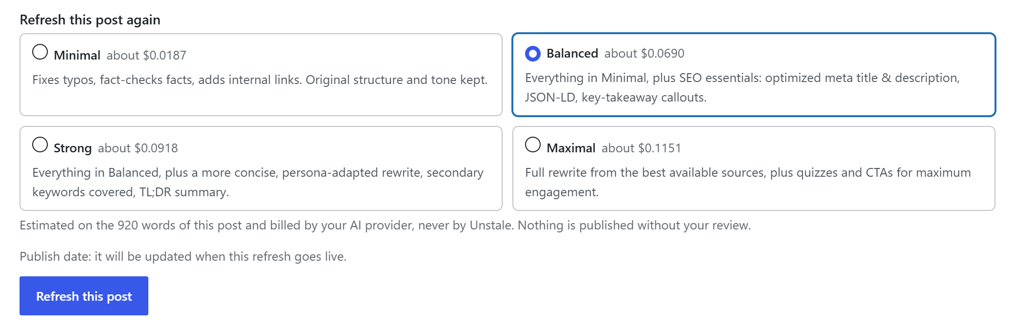 Unstale block under the WordPress editor showing the four refresh levels, Minimal, Balanced, Strong and Maximal, with the estimate for this post